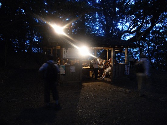 People chat at the rest area.